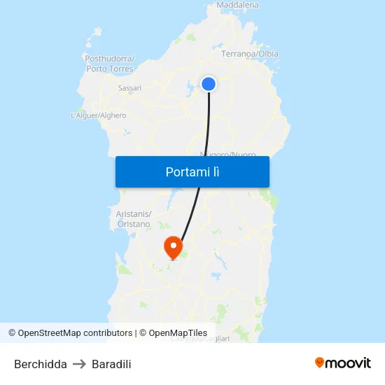Berchidda to Baradili map