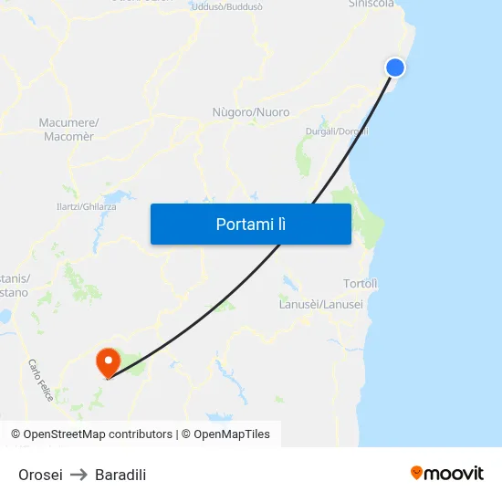 Orosei to Baradili map