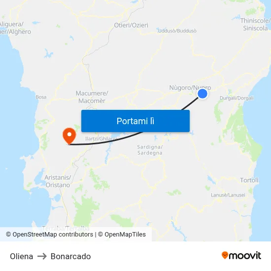 Oliena to Bonarcado map