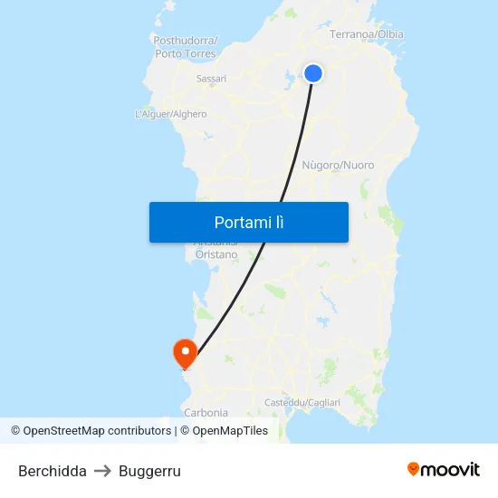 Berchidda to Buggerru map