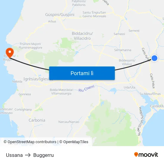 Ussana to Buggerru map