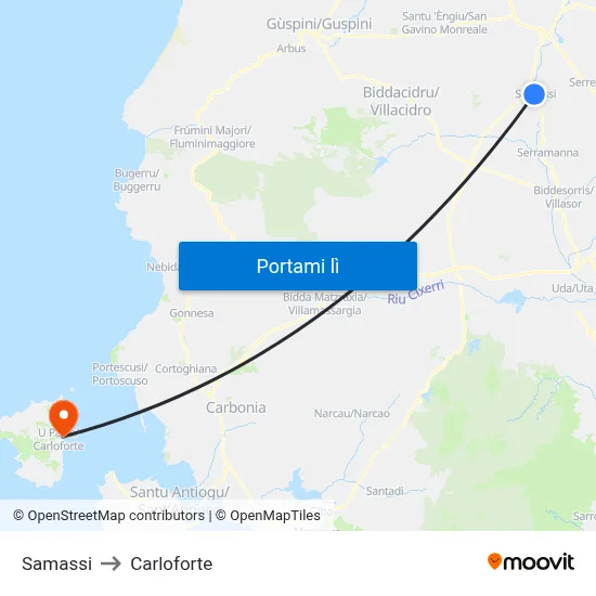 Samassi to Carloforte map