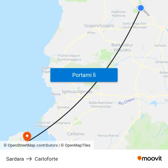 Sardara to Carloforte map