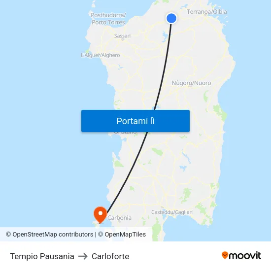 Tempio Pausania to Carloforte map