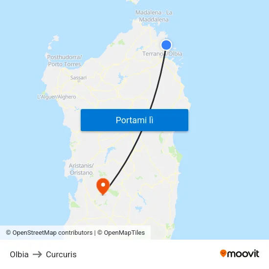 Olbia to Curcuris map