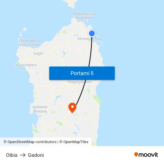 Olbia to Gadoni map