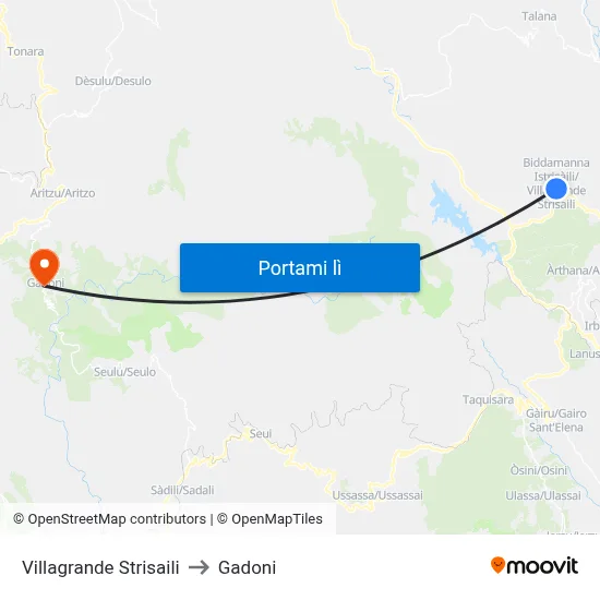 Villagrande Strisaili to Gadoni map