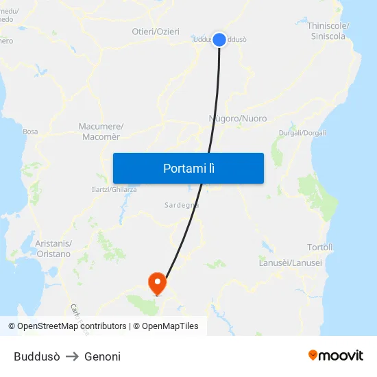 Buddusò to Genoni map