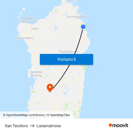 San Teodoro to Lunamatrona map