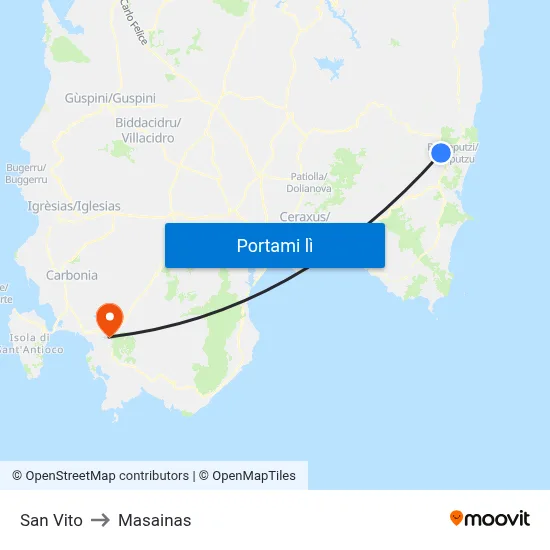 San Vito to Masainas map