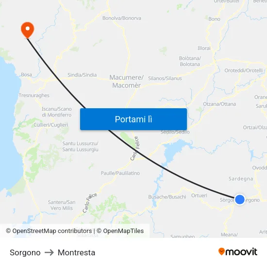 Sorgono to Montresta map