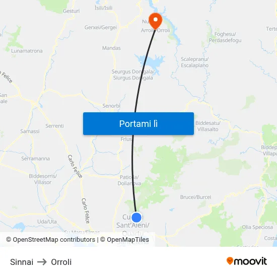 Sinnai to Orroli map