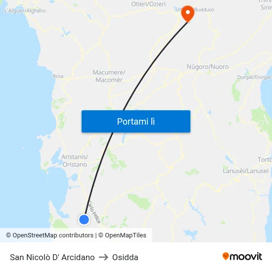 San Nicolò D' Arcidano to Osidda map