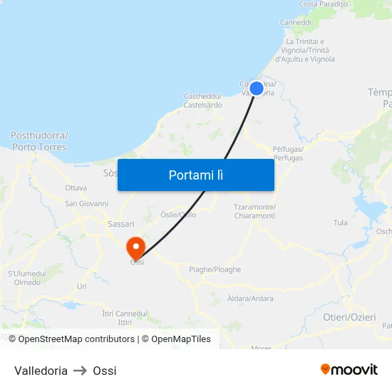 Valledoria to Ossi map