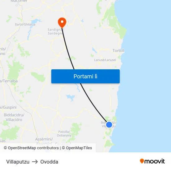 Villaputzu to Ovodda map