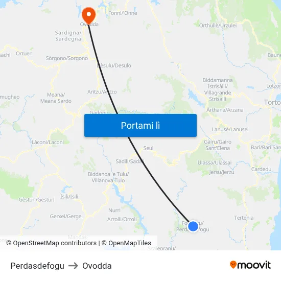 Perdasdefogu to Ovodda map