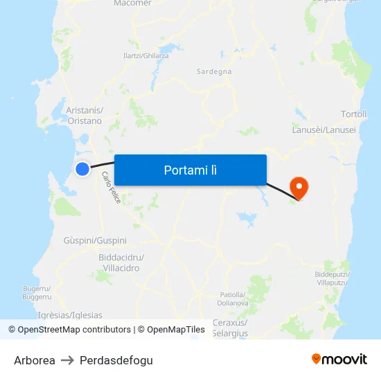 Arborea to Perdasdefogu map