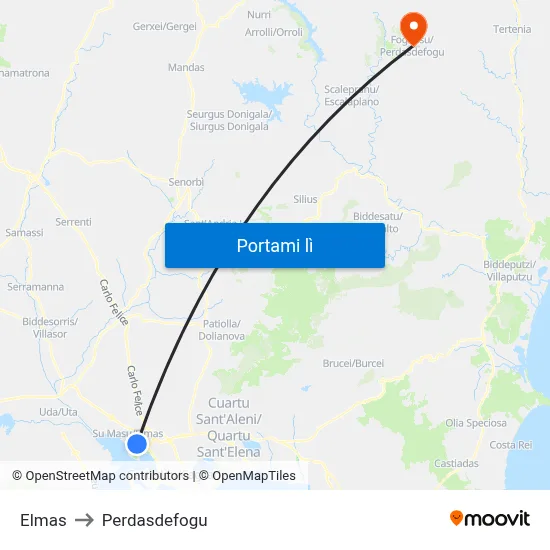 Elmas to Perdasdefogu map