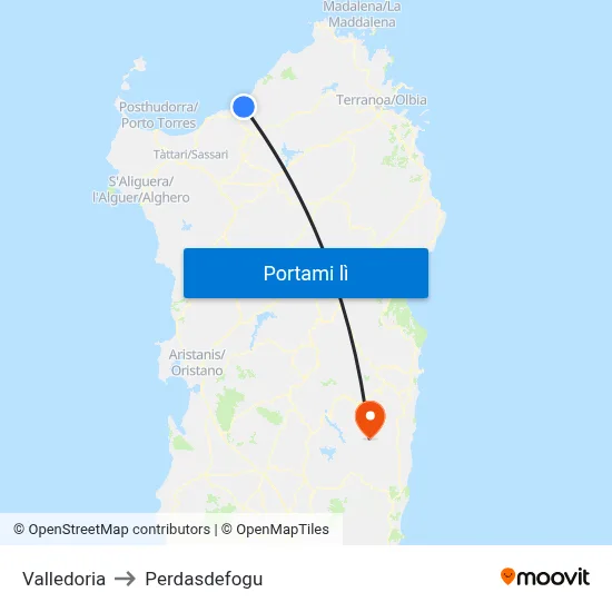 Valledoria to Perdasdefogu map