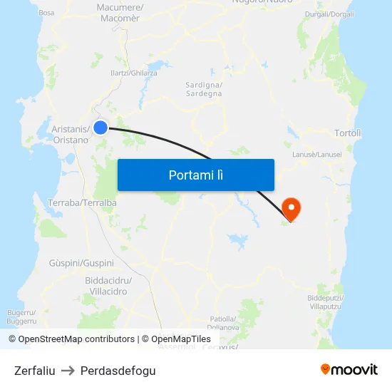 Zerfaliu to Perdasdefogu map