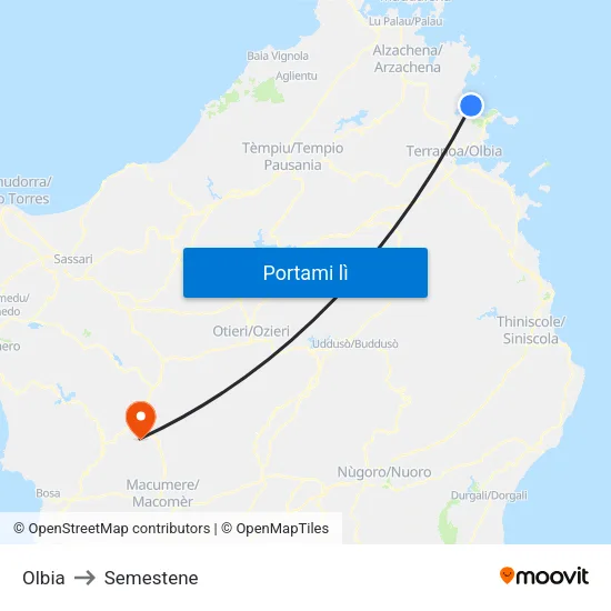 Olbia to Semestene map