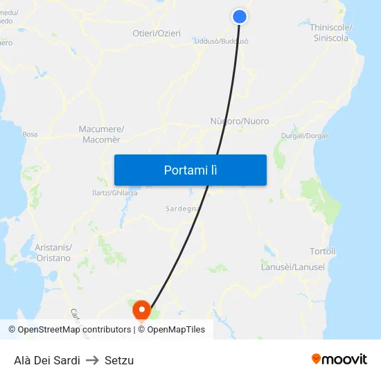 Alà Dei Sardi to Setzu map