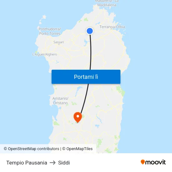 Tempio Pausania to Siddi map