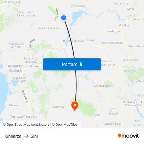 Ghilarza to Sini map