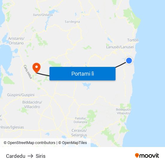 Cardedu to Siris map