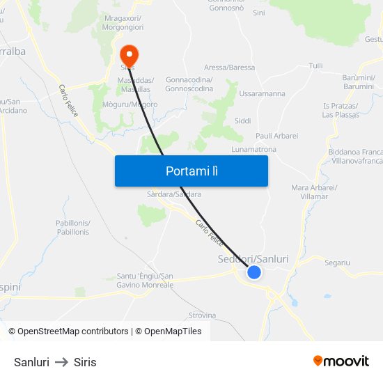 Sanluri to Siris map