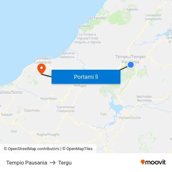 Tempio Pausania to Tergu map