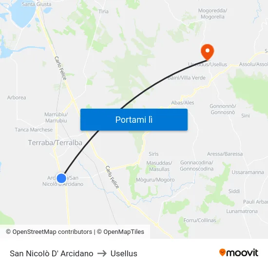 San Nicolò D' Arcidano to Usellus map