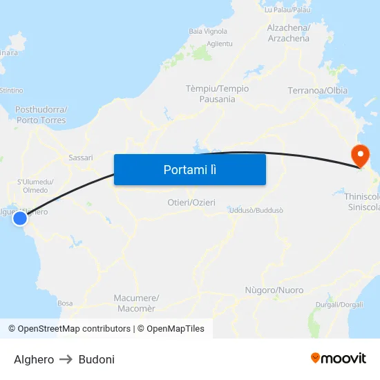 Alghero to Budoni map