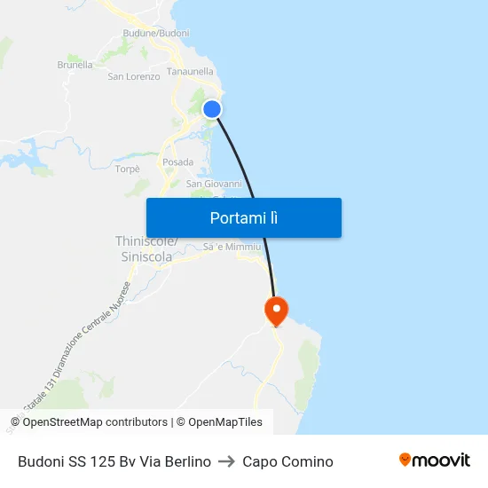 Budoni SS 125 Bv Via Berlino to Capo Comino map