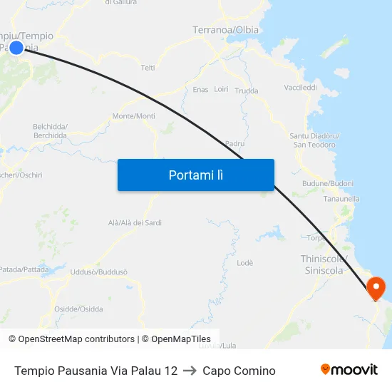Tempio Pausania Via Palau 12 to Capo Comino map