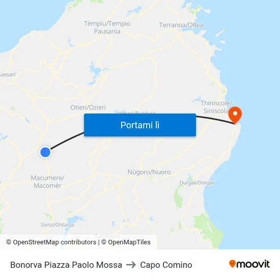 Bonorva Piazza Paolo Mossa to Capo Comino map