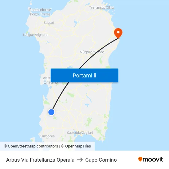 Arbus Via Fratellanza Operaia to Capo Comino map