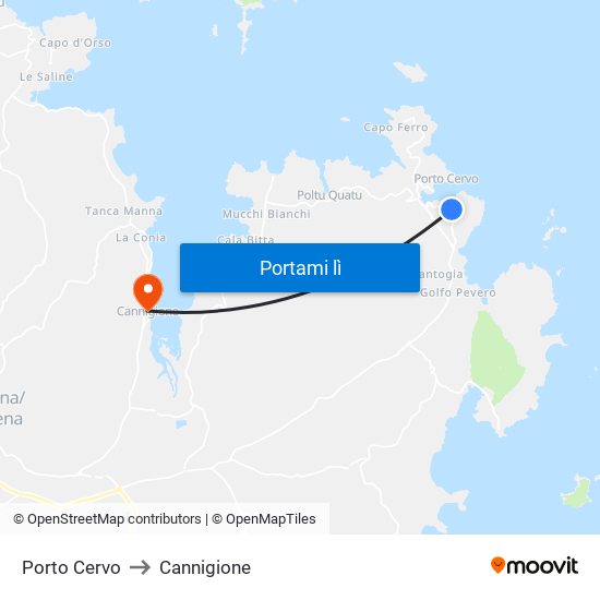 Porto Cervo to Cannigione map