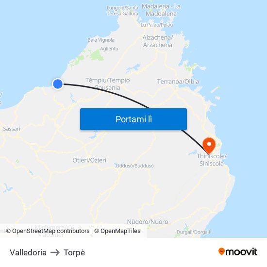 Valledoria to Torpè map
