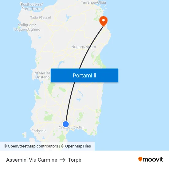 Assemini Via Carmine to Torpè map