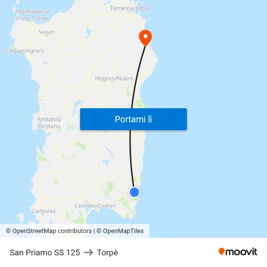 San Priamo SS 125 to Torpè map