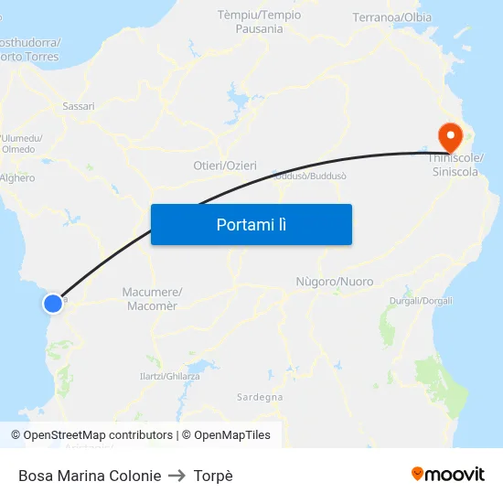 Bosa Marina Colonie to Torpè map