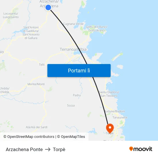Arzachena Ponte to Torpè map