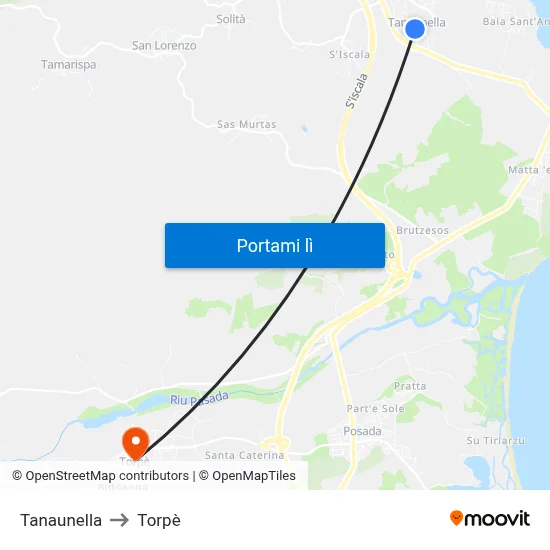 Tanaunella to Torpè map