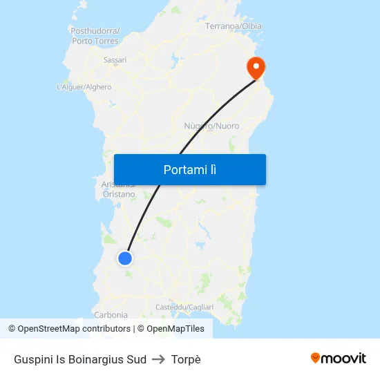 Guspini Is Boinargius Sud to Torpè map