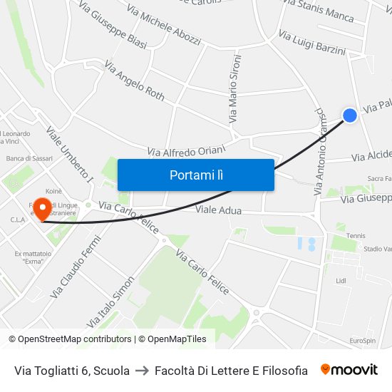 Via Togliatti 6, Scuola to Facoltà Di Lettere E Filosofia map