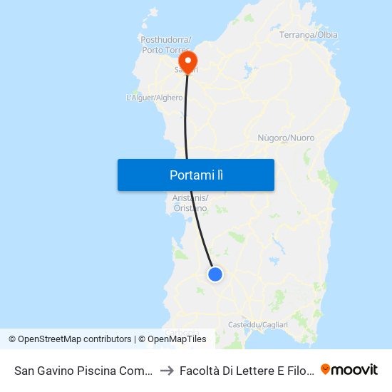 San Gavino Piscina Comunale to Facoltà Di Lettere E Filosofia map