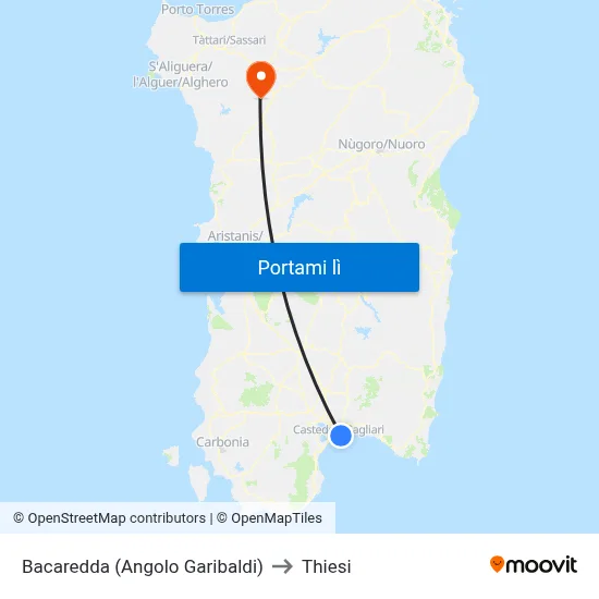 Bacaredda (Angolo Garibaldi) to Thiesi map