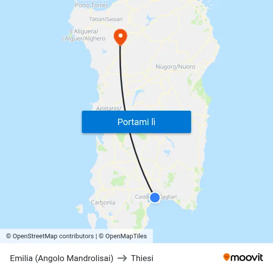 Emilia (Angolo Mandrolisai) to Thiesi map