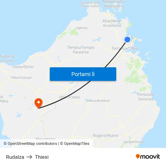 Rudalza to Thiesi map